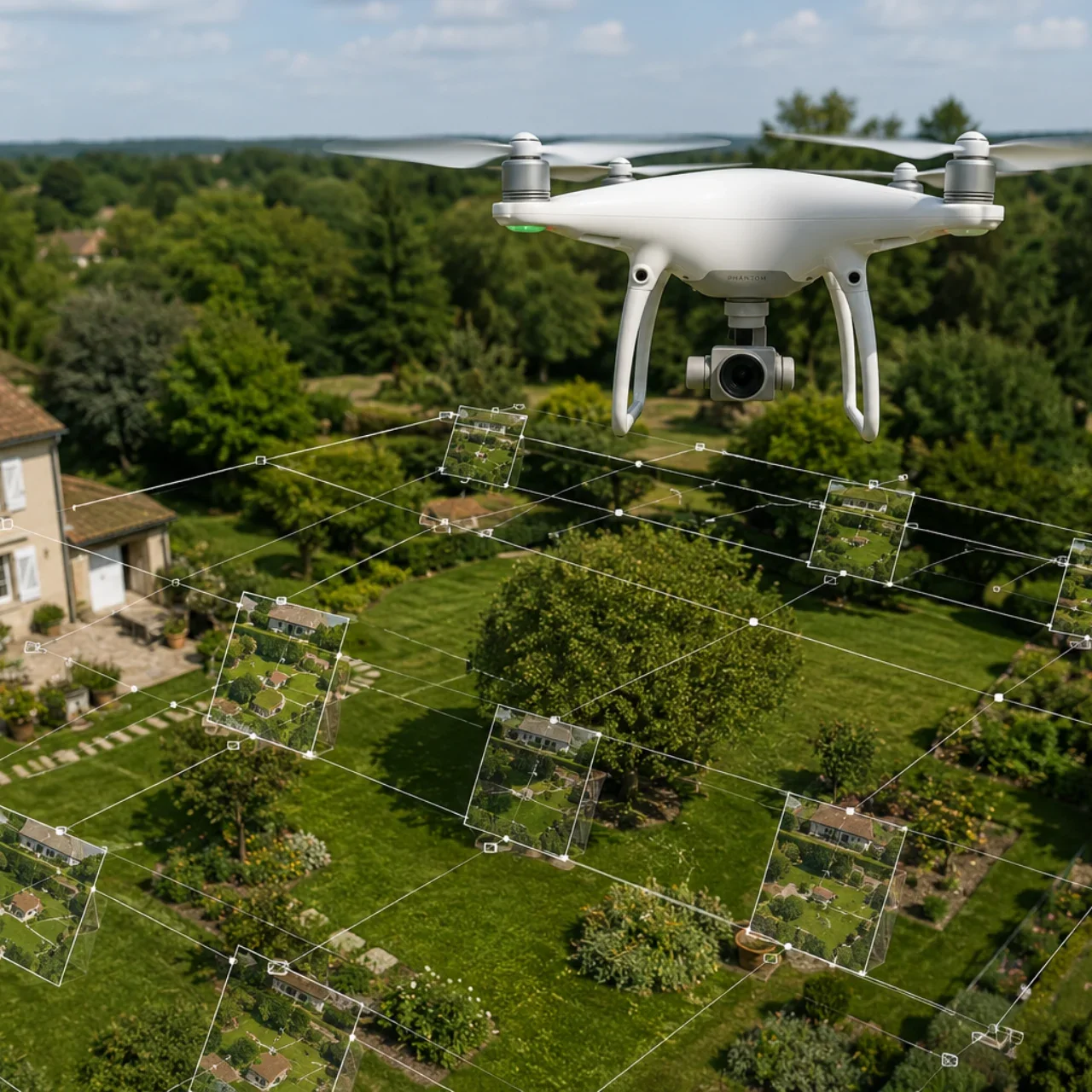 Drone réalisant un relevé photogrammétrique avec quadrillage de prises de vue