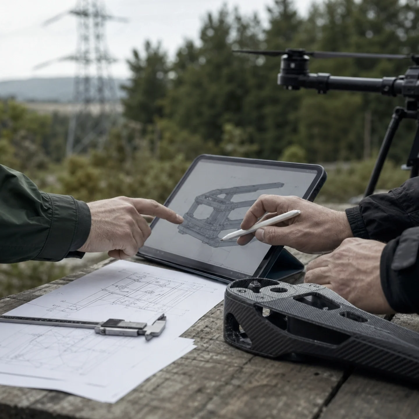 Équipe travaillant sur la modélisation 3D d'une pièce, drone et plans techniques sur table