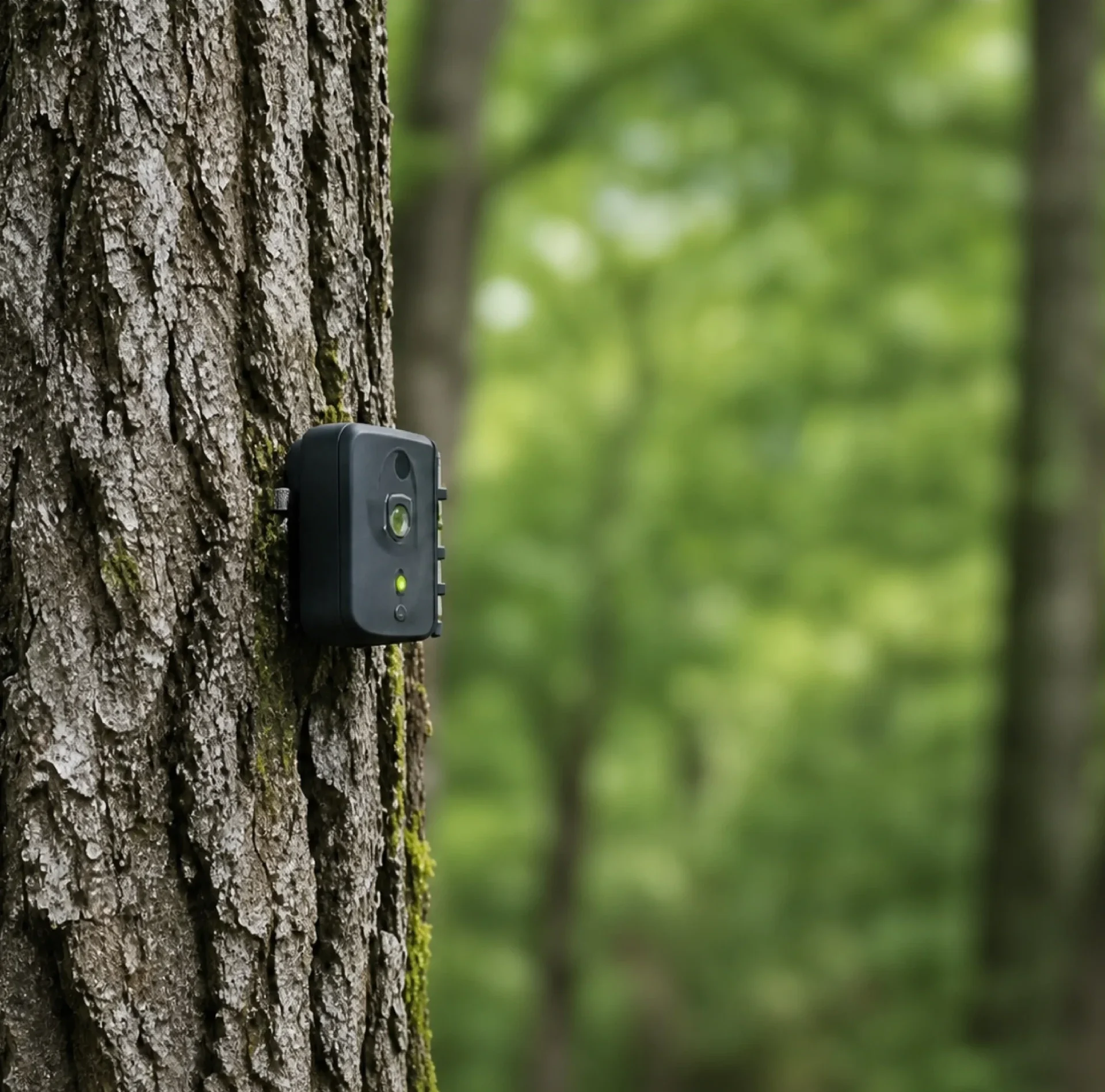Capteur connecté fixé sur un tronc d'arbre en forêt